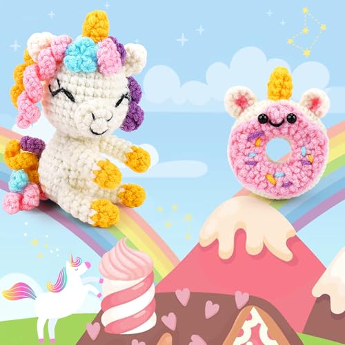 Image of Fortuning's JDS Crochet Kit for Beginners - Unicorn Crochets Kit with Step-by-Step Video Tutorials, Beginner Crochet Kit for Adults, Crochet Animal Kit for Kids, Crochet Unicorn Loves Donut Set