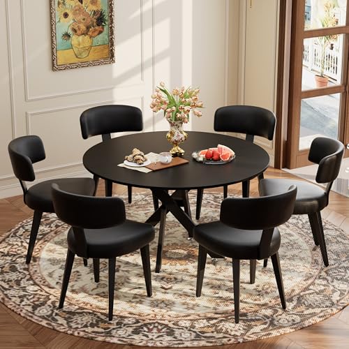 Image of Wood Dining Table Set for 6, 47 inch Round Kitchen Table with 6 Faux Leather Dining Chairs, MDF Tabletop with Metal Legs, Ergonomic Dining Chair with Metal Legs(Black Table with Black Chairs)