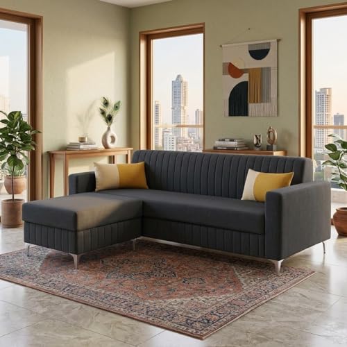 Image of SOCOZI Anton 4 Seater L Shape Sofa Set with Movable Ottoman | Flexible Left or Right Layout | Soft Velvet Suede Fabric | Modern Design | Plush Comfort Cushions for Living Room (Dark Grey)