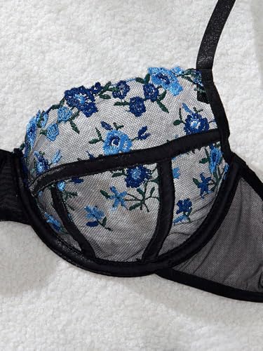 Image of Sexy Floral Embroidered Flower Mesh Underwire Push Up Lingerie Set