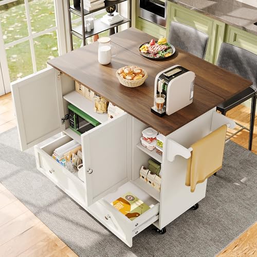 Becag Carrito de Cocina con Ruedas, Carrito de Cocina con cajones y estantes de Almacenamiento, Carrito de Cubiertos con toallero y especiero, Carrito de Comedor con encimera, 128x40x92.5 cm, Blanco