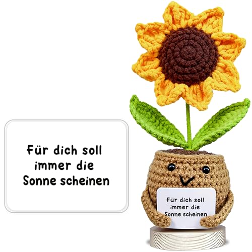 VELENTI Handgemachte gehäkelte Sonnenblume im Topf mit Karte „Für Dich soll Immer die Sonne scheinen“ | Geschenk für Mama, Tochter, Freundin oder Kollegin | Liebevolles Deko- & Dankeschön-Geschenk
