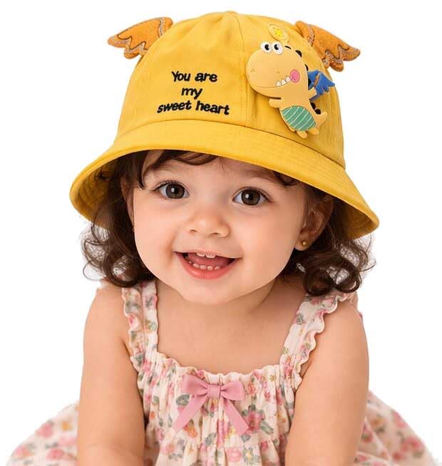 Yanwenx Kids Bucket Hat with Cartoon Patch & Wing Design β Cotton Summer Cap for Boys & Girls (2-5 Years) Breathable Sun Protection Outdoor Hat Yellow