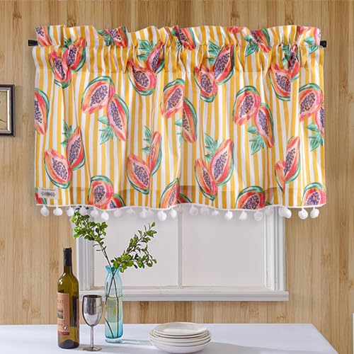 Image of Ravaiyaa - Attitude is everything Hand Printed Half Window Kitchen Curtain 100% Cotton Short Drapery Valance Curtain 40 inch X 18 inch Inch (Yellow White Striped & Papaya)