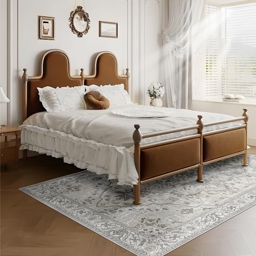 Deerly Washable Bedroom Area Rug 4x6 Indoor Thin Carpet for Living Room Boho Vintage Rug for Kitchen Entryway Dining Room Office Non-Slip Low Pile, Beige/Multi