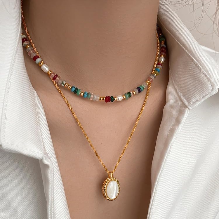 Aleasha Boho Beaded Choker Gemstone Natural Pearl Necklace for Women 14K Gold Plated Beach Summer Colorful Jewelry - Image 3