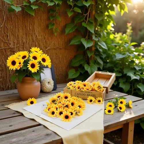 Clockjuan 100 Stück gelbe modische künstliche Blumenköpfe, Mini-Sonnenblumen, dekorative Stoffblumen, Basteln, Blumenverzierungen für Kränze, Hochzeit, künstliche Blumen
