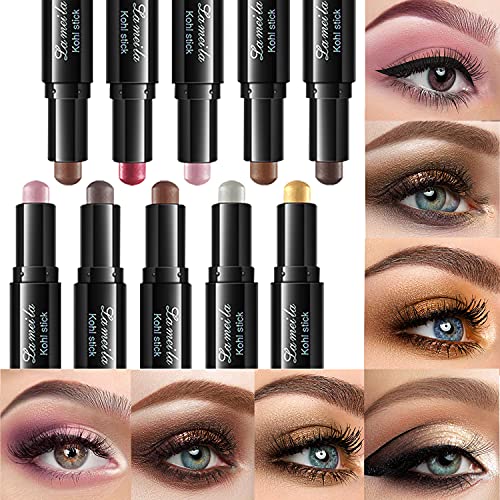 Yeweian 10 Colors Cream Glitter Eyeshadow Stick Set, Double Head Brown Yellow Pink White Eyeshadow Metallic Shimmer Crayon, Silver Eye Brightener Stick, Soft Smooth Colorful Eyeshadow Makeup Waterproof Long Lasting #TOP1