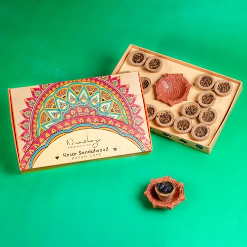 Image of Nirmalaya Premium Organic Havan Cups Variety Pack 60 pcs | Desi Cow Dung, Rooh Gulab, Sambrani, Kesar Sandalwood Dhoop Cups for Pooja | Includes Diyas Stands | Havan Samagri Offering