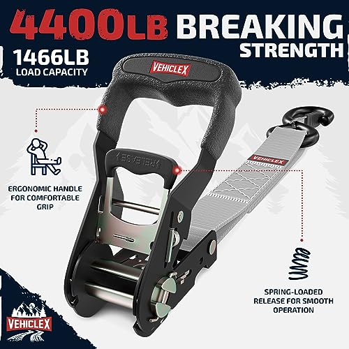 Image of Vehiclex Motorcycle Ratchet Tie Down Straps with Soft Loops, 1.5 inch x 8' | 4,400 lbs Break Strength, Powersports Tie Downs, Full Bend S Hooks with Safety Clips, Reinforced Stitching, 4 Pack, Silver