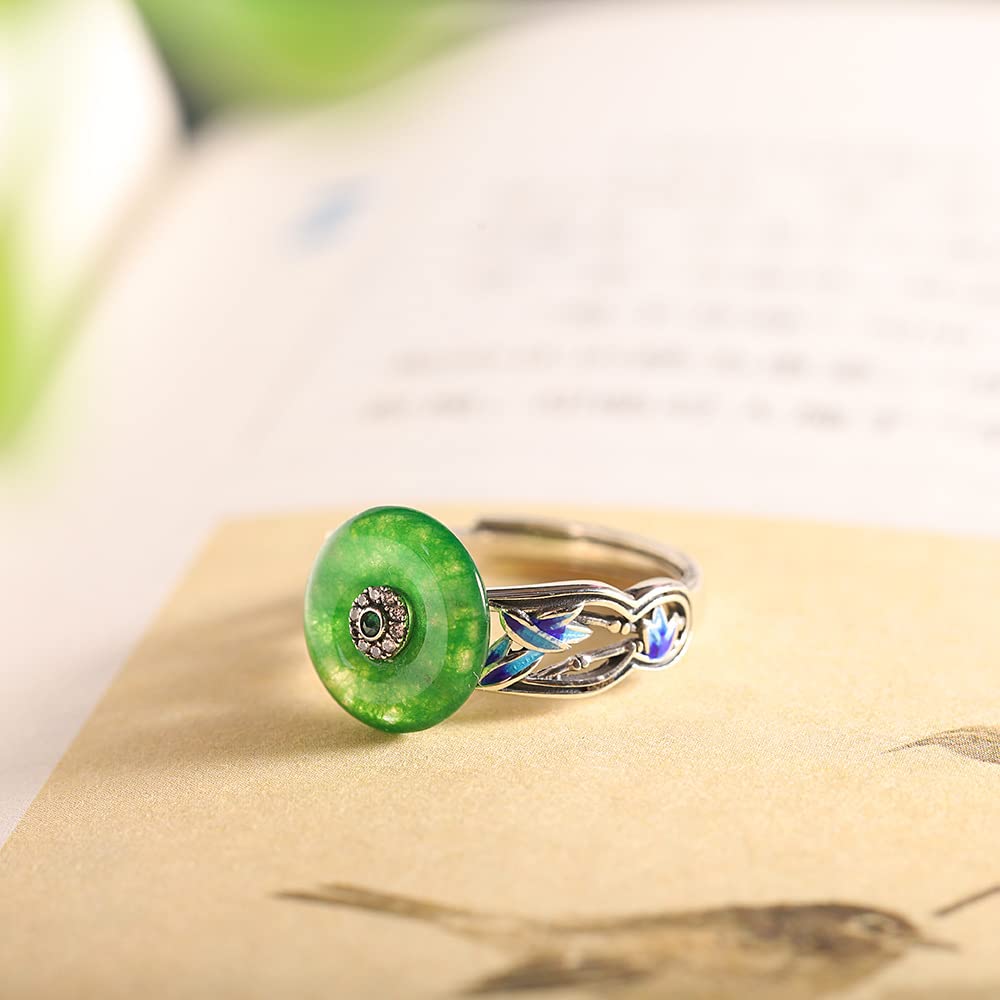 S925 Sterling Silber Green Jade Circle Ring Asian Style Rundes Glück Amulett Ring Charmanter Glück Schmuck für Frauen Mädchen