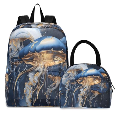 Backpack Lunch Box Set Large Capacity Travel Backpacks and Insulated Lunch Bag for Commute Hiking Picnic Luxurious Jellyfish Print