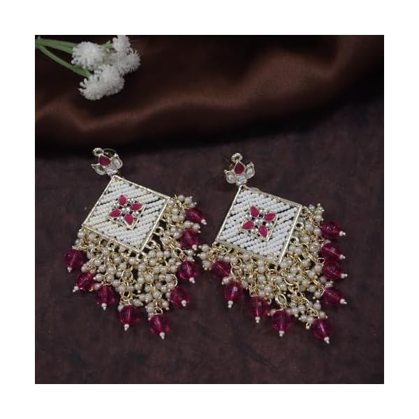 I Jewels Gold Plated Traditional Kundan Pearls Dangle Earrings For Women/Girls (E2943) - Image 3