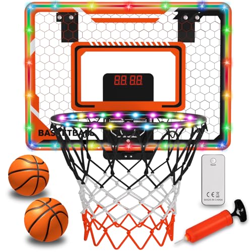 LED Basketball Hoop for Kids - Over The Door Indoor Hoop with Electronic Scoreboard & 3 Mini Balls Birthday Gift for Boys Girls Ages 5 6 7 8 9 10 11 12+ Years Old