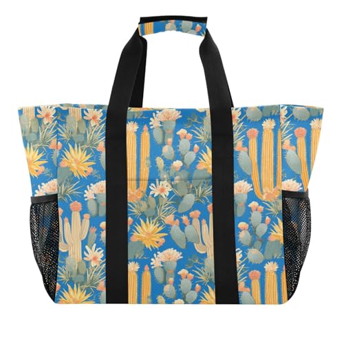 linqin Green Cactus Blue Utility Totes with Handles Foldable Reusable Bags for Groceries Sandproof for Carrier