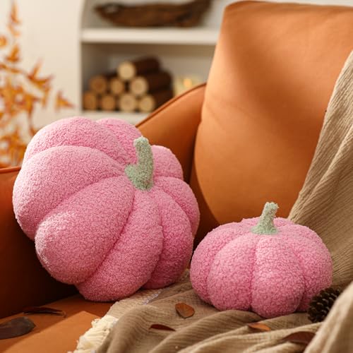 YRXRUS Pumpkin Pillows, Halloween Pumpkin Pillow Set of 2, Pink Throw Pillows Fall Room Decoration, Teddy Fleece 6x12&4x7 Inches Accent Cushion Gifts for Holiday