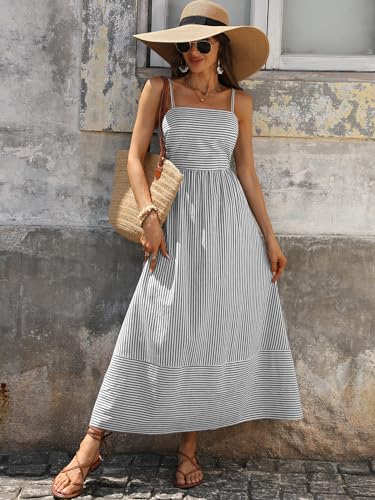 Image of Caracilia Womens Maxi Dresses Gingham Spaghetti Strap Back Smocked Flowy Long Sundress Summer Beach Vacation Clothes 2026