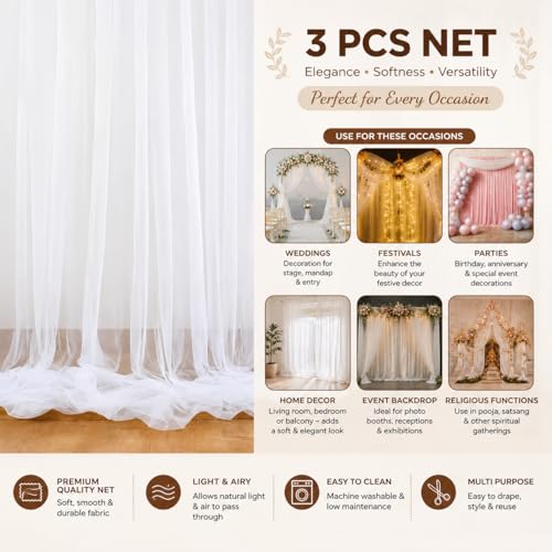 Image of 4 Pcs White Backdrop Decoration Net - 13 X 4 Ft Each, Premium Nylon Fabric, Reusable Soft Net Curtain for Birthday, Anniversary, Wedding & Ganpati Decoration Setup for Home