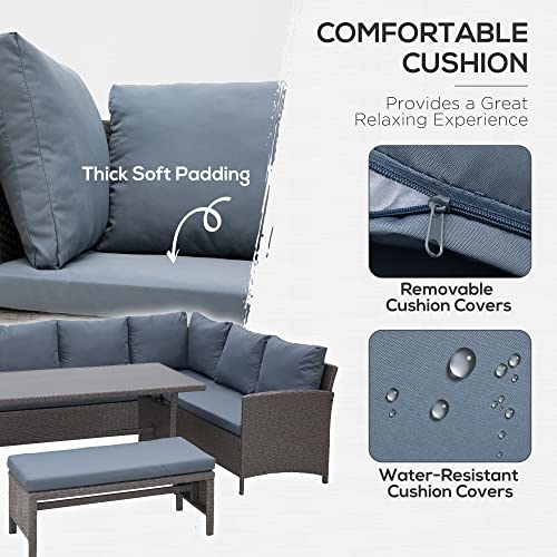 Outsunny 4 Pieces Patio Wicker Dining Sets, Outdoor Pe Rattan Sectional Conversation Set With Cushions & Dining Table, Bench For Garden, Backyard, Lawn, Grey #TOP4