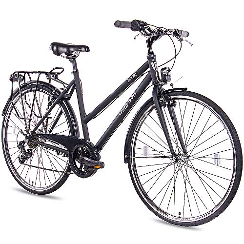 CHRISSON 28 Zoll Citybike Damen - City One schwarz matt 50 cm - Damenfahrrad mit 7 Gang Shimano Tourney Kettenschaltung - praktisches Cityfahrrad für Frauen