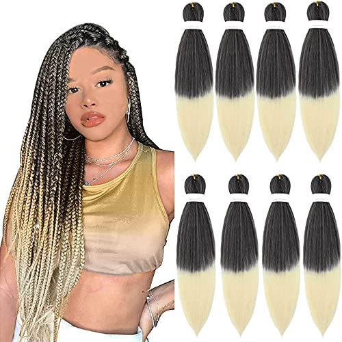 Braiding Hair Ombre Blonde Pre Stretched Braiding Hair 8 Packs Yaki Texture Crochet Braids Hair Extension Itch Free Hot Water Setting Synthetic Fiber Hair