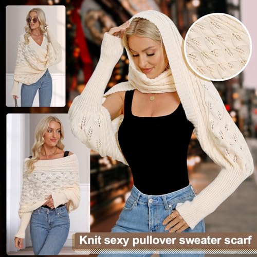 Womens Wrap Knitted Shawls Front Sweater Knitted Wrap Long Sleeved Shawl Sweater Shrug Wrap for Fall Winter, Cream White4
