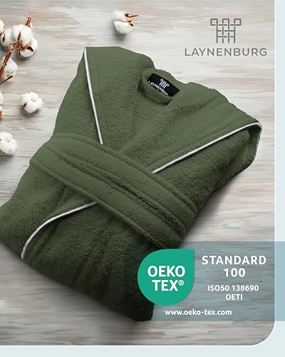 LAYNENBURG Bademantel Herren Frottee - Kapuze - Lang - 100% Baumwolle (360g/m2) - OEKO TEX Standard 100 - Größe (L, Grün)