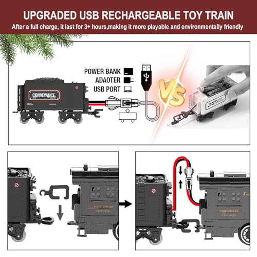 Image of Electric Train Sets for Boys Girls Metal Alloy Christmas Trains Toys Steam Locomotive, Passenger Carriages, Tracks, Light & Sounds Rechargeable Birthday Gifts for Kids 3 4 5 6 7 8 + Years Old Red 