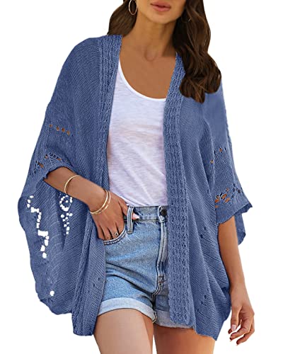Image of Ermonn Crochet Cardigan Sweaters for Women Open Front Kimono Batwing Sleeve Plain Casual Lightweight Outerwear