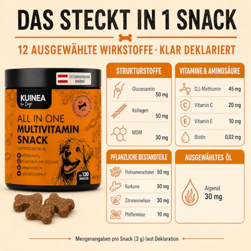KUINEA® Multivitamin Snack für Hunde – All in One Vitamine als Leckerli – ca. 120 Snacks (360 g) – Ergänzungsfuttermittel mit Vitaminen & Mineralstoffen – ab 6 Monaten (1er Pack)