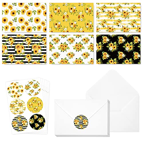Cartes de vœux tournesol Whaline en lot de 36 avec enveloppes autocollantes assorties