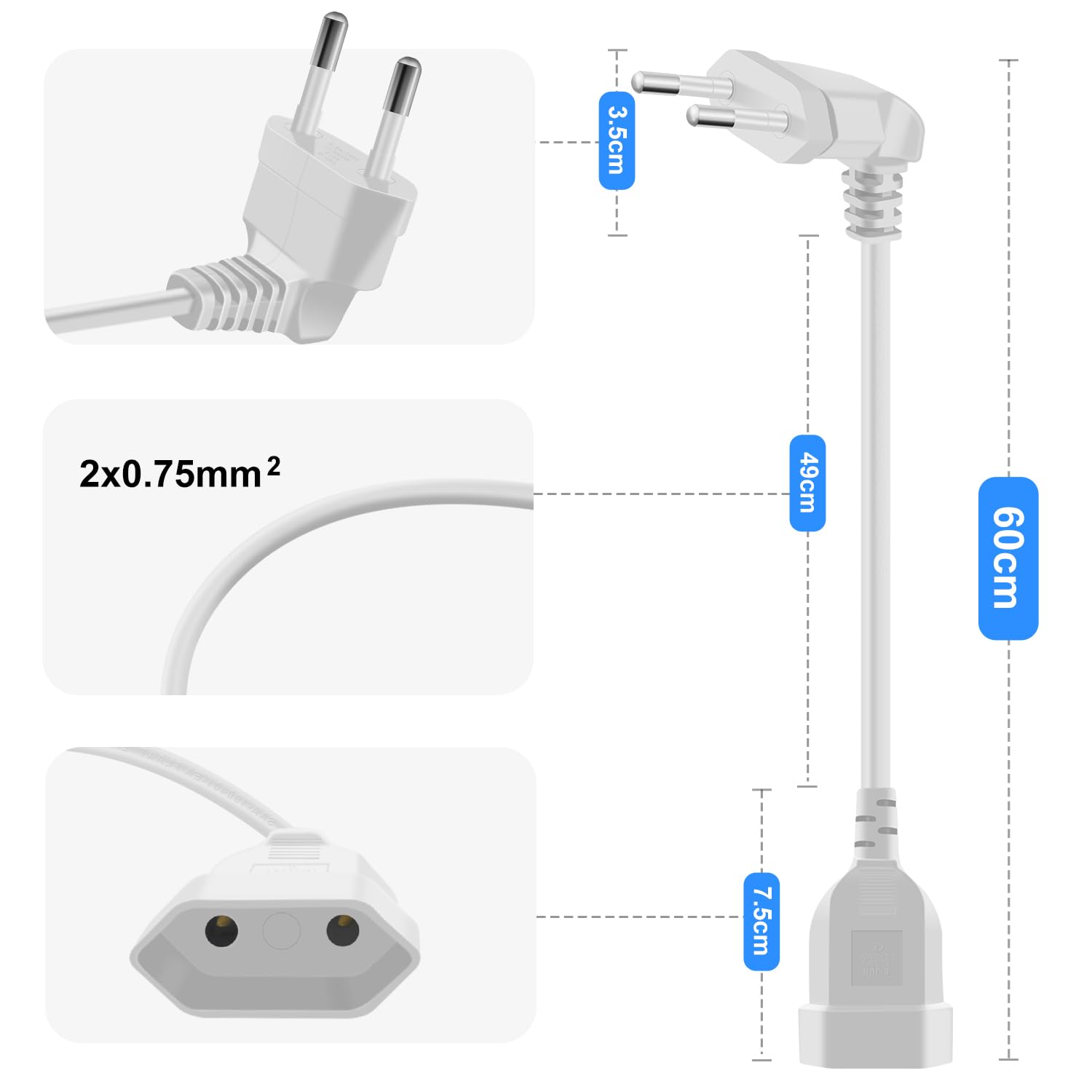 Eurostecker Verlängerung 2,5A 250V Verlängerungskabel mit Eurostecker Kurz Eurostecker 90 Grad Kurz, für Haushaltsgeräte TV PC Computer Monitor Etc (Weiß, 0.6m)