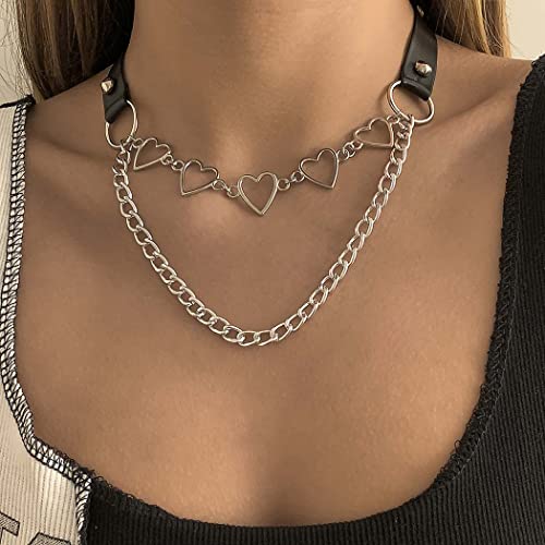 Ushiny Collar de gargantilla punk negro en capas de metal corazón de cuero PU collar gótico arnés rave partido collar cinturón accesorios para mujeres y niñas Cover