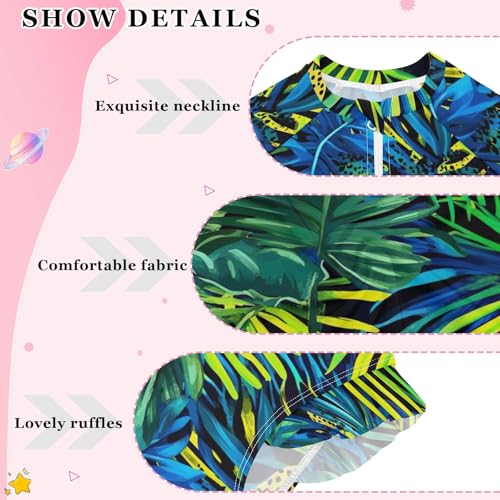 CHIFIGNO Long Sleeve One Piece Swimsuits Girls Leopards Leaves Blue Green Girl Bathing Suit 3T4