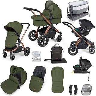 Get More for Less! Ickle Bubba Stomp Luxe 14-Piece Travel System Bundle with i-Size Stratus Car Seat & ISOFIX Base, Bubba&Me Crib, Pushchair, Footwarmers, Rain Cover & More - Bronze/Woodland/Black