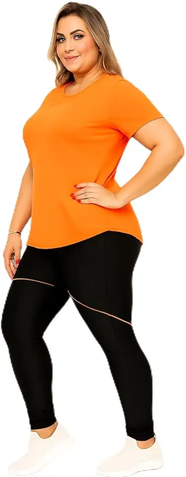 Conjunto Plus Size Feminino, Blusa Dry Fit e Calça Legging Esportiva, Tecido Elástico, para Academia e Ginástica (Meninas plus size, Laranja E Preto, G1)