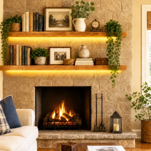 Image of ROGMARS 48 Inches Long Walnut Floating Shelves with Led Light | Rustic Solid Wood Farmhouse Wall Shelves with Invisible Brackets for Bedroom, Living Room, Kitchen, Bathroom Set of 2