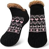 CaiDieNu Womens Fuzzy Slipper Socks with Grip: Non Slip Winter Thick Fluffy Thermal Soft House Socks Warm Cozy Christmas Gift Black Medium