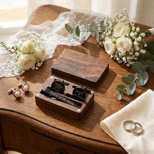 Image of Colingmill Father of the Bride Gift Dad of the Bridegroom Cufflinks Tie Clip Set with Engraved Wood Gift Box for Dad