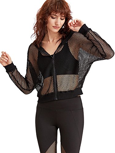 SweatyRocks Women's Summer Zip Up Light Weight Long Sleeve Mesh Bomber Jacket Black#1