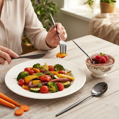 Image of 12 Pcs Black Slim Handle Stainless Steel Cutlery Set for Dining Table with Spoons and Forks Set + Butterknives - The Perfect Tableware /Flatware