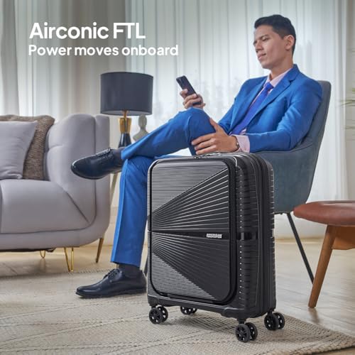 Image of American Tourister Cabin AIRCONIC2.0 SP 55 cm Small Front Opening Polypropylene (PP) Hard 8 Wheels Spinner Luggage /Suitcase /Trolley Bag for Travel (Black)