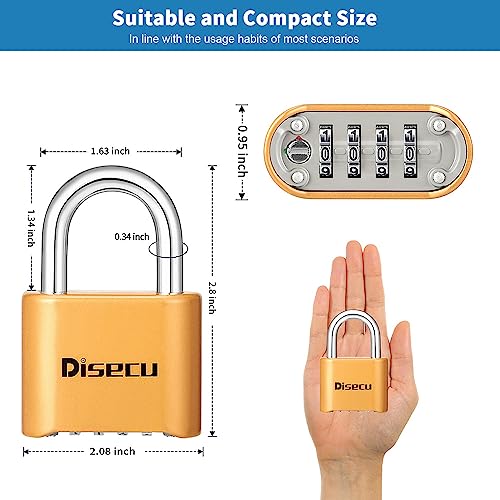 Image of 1 Pack disecu Heavy Duty 4 Digit Combination Lock, Anti-Error Feature, Outdoor Waterproof Padlock for School Gym Locker, Fence, Gate, Hasp Storage, Toolbox (Brass)