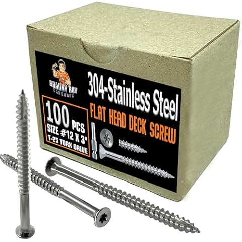 BRAUNY BOY HARDWARE – Heavy Duty - #12 x 3 Inch - 304 Grade Stainless Steel - 3” Deck Wood Screws – Rust Proof - Outdoor Exterior Construction of Decks, Fences - #25 Torx Bit Drive - Qty (100) Cover