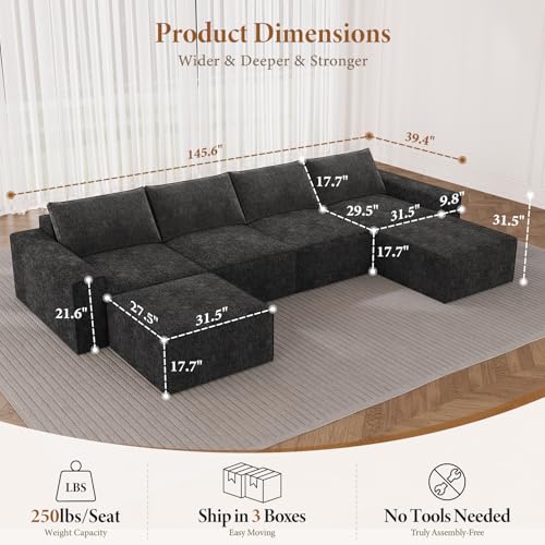 Image of Vesgantti 145.6 inch Modular Boneless Couch, Modern U Shaped 6 Seater Sectional Sofa with 2 Ottoman & Deep Seat, Convertible Chenille Cloud Couches for Living Room, No Assembly Required, Black