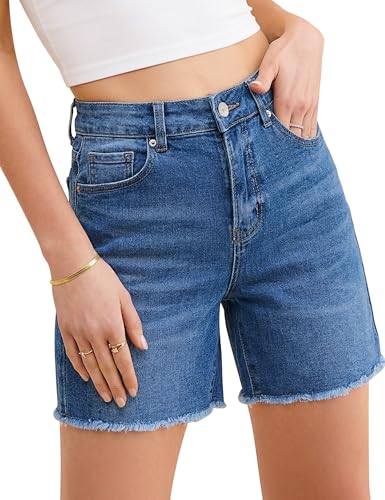 luvamia FleXclusive Jean Shorts for Women Trendy High Waisted Stretchy Denim Summer Casual Raw Hem Mom Long Cutoff Jorts Mom Jean Shorts Medium Blue Size X-Large Fits US 16-18