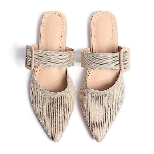 Meknitva Pointed Toe Mules for Women Flats，Slip On Mules Backless，Wide Width Mules， Mule Slides for Women Flats Sandals Beige Size 8