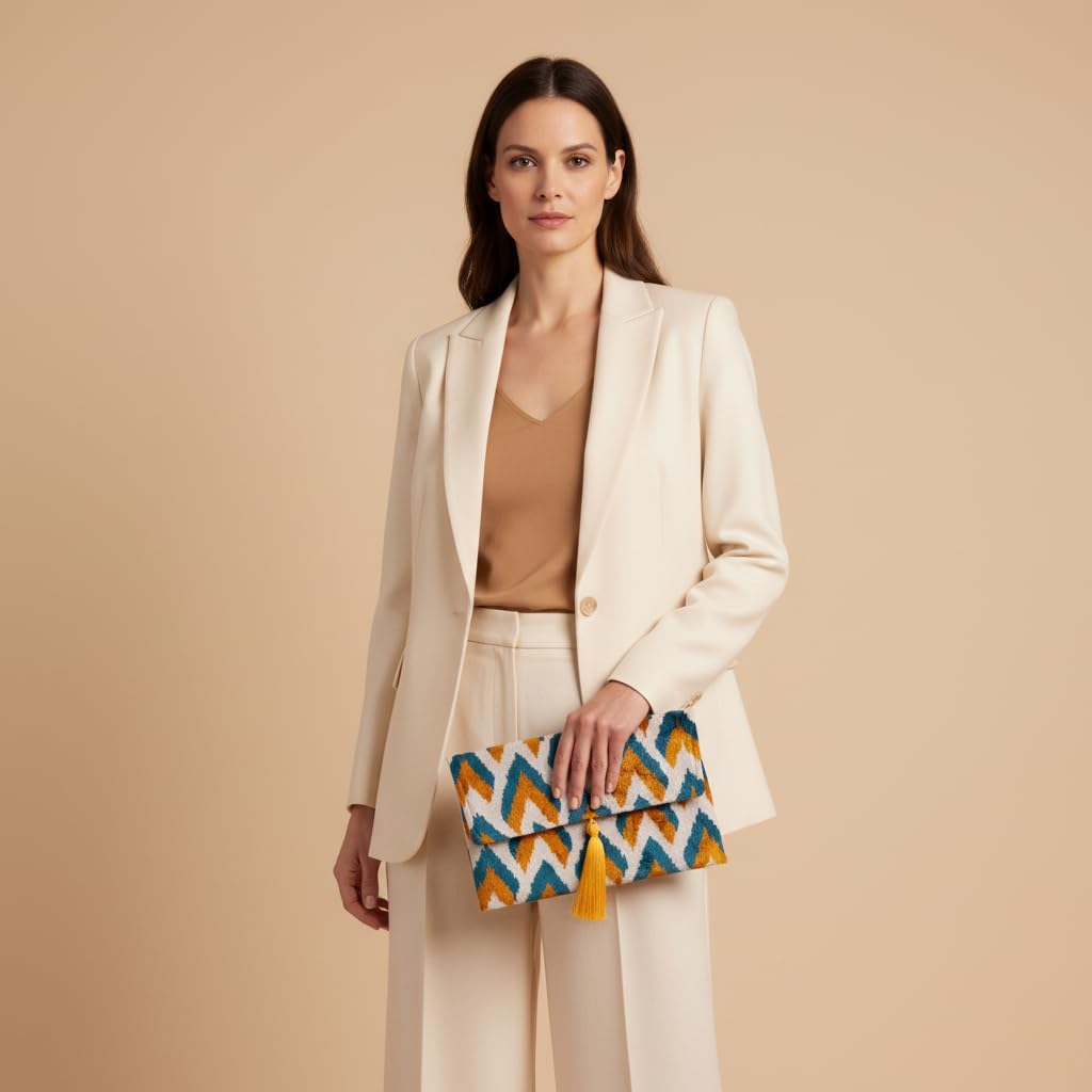 Pochette Ikat in velluto di seta fatta a mano, stile busta, design bohémien, motivo etnico, opzione cinturino a catena, pochette per feste serali, borsa premium, bianco sporco, turchese, oro