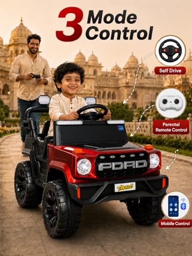Image of Trenzo Kids Electric Ride On Jeep Car for 2-6 Years | 4x4 Style Battery Operated Toy Car with Steering Wheel, Music, LED Lights | Indoor & Outdoor Ride On Vehicle for Boys & Girls
