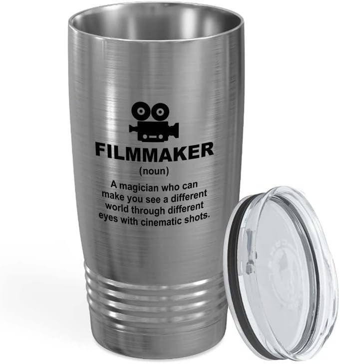 Filmmaker Silver Tumbler 20oz - with cinematic shots - Filmmaker Gifts Camera Lens Cut Prop Director Movie Film Scriptwriter